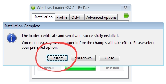 Перезагрузка Windows 7 после активации