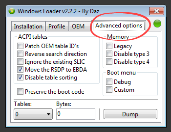 Дополнительные опции активатора Windows 7 Loader By Daz